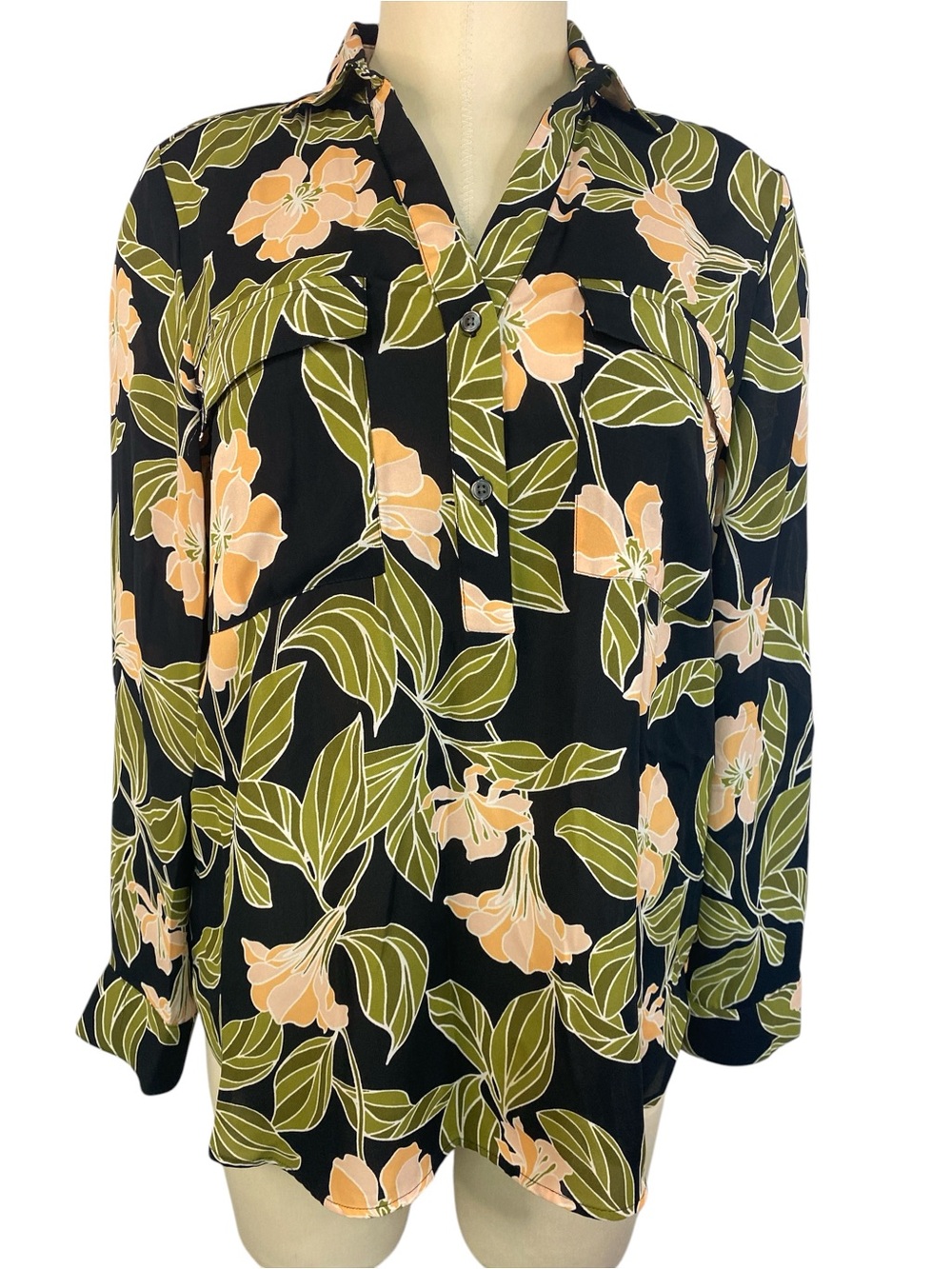 Ann Taylor Floral Button-Front Women's Blouse - Black with Peach & Olive Size LP